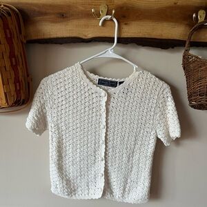 Vintage 90s Crochet Baby Tee Knit Short Sleeve Crop Sweater Ivory PM